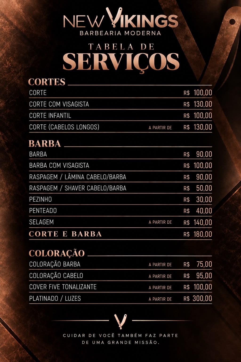 Tabela de serviços de barbearia e valores da New Vikings Barbearia: cortes, barba, corte e barba e coloração