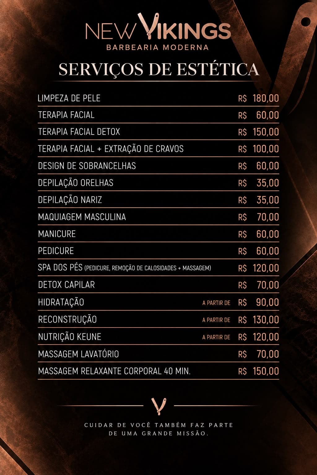 Tabela de serviços de estética e valores da New Vikings Barbearia